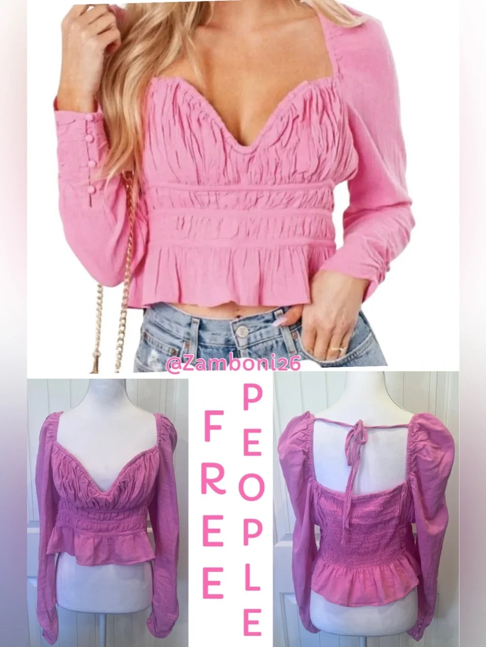 Free People Chloe Aurora Pink Ruched Sweetheart Peplum Long Sleeve Top Medium
